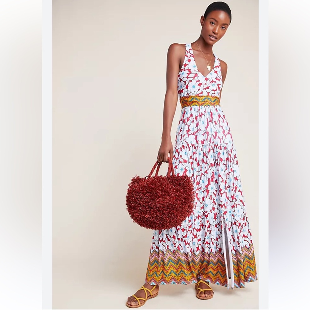 Maeve White Maxi Dress with Red Floral Print and Multicolor Hem NWT